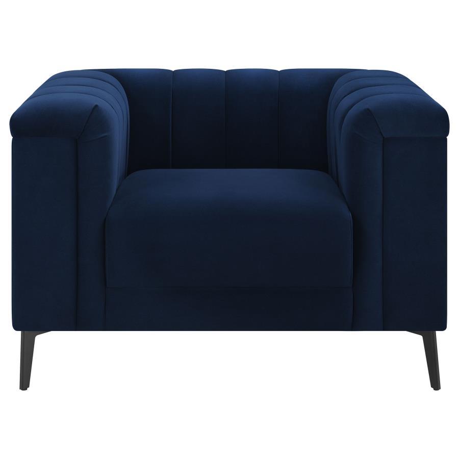 Chalet Upholstered Tuxedo Arm Tufted Chair – Navy Blue Velvet with Deep Vertical Channels & Black Metal Legs