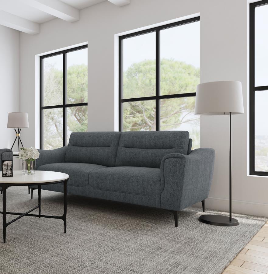 Nolan Upholstered Sloped Track Arm Sofa – Transitional Charcoal Fabric Couch with Plush Pocket Coil Cushions, Attached Seating & Sleek Metal Legs