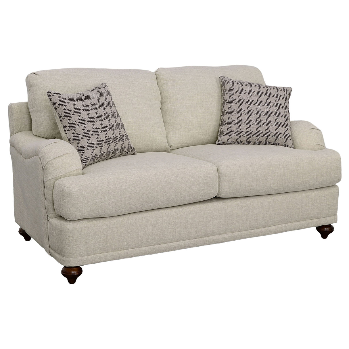 Glenn Upholstered English Arm Loveseat, Light Gray Linen-Like Fabric, Reversible Cushions, Espresso Bun Legs, Farmhouse Style, Includes Accent Pillows