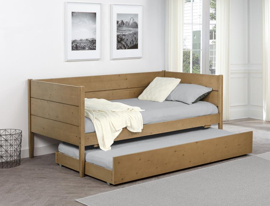 Calinda Wood Twin Daybed with Trundle – Natural Finish, Pine & MDF Construction, Rustic Transitional Design, Extra Sleeping Space, Guest Room Furniture