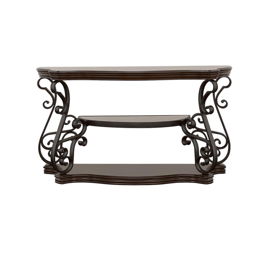 Laney Scrollwork Entryway Sofa Console Table with Tempered Glass Top, Cherry Veneer, Metal Scroll Base, and Deep Merlot Wood Finish