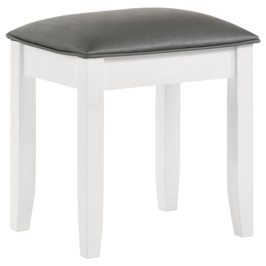 Barzini Upholstered Vanity Stool in Metallic Grey and White, Padded Faux Leather Seat, Turned Legs, Rubberwood Frame for Bedroom, Vanity, or Dressing Area