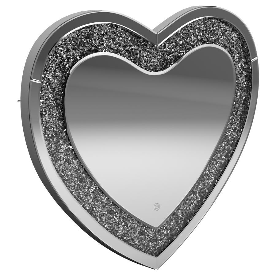 Aiko Heart Shaped LED Light Wall Mirror – Silver with Faceted Crystal Inlay, Smoky Glass Finish, Glam Accent for Bedroom, Vanity, or Dressing Area