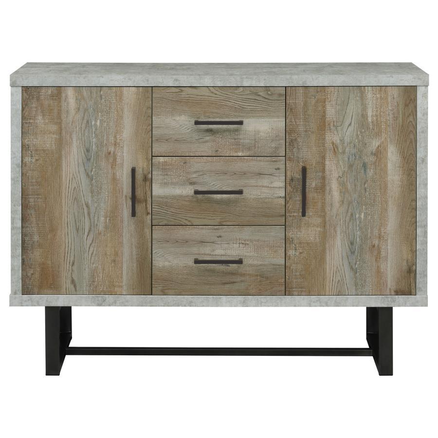 Abelardo 3-Drawer Engineered Wood Cabinet – Weathered Oak with Gunmetal Accents, Faux Cement Finish, Industrial Trestle Base, Rustic Modern Accent Storage