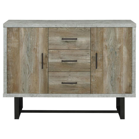 Abelardo 3-Drawer Engineered Wood Cabinet – Weathered Oak with Gunmetal Accents, Faux Cement Finish, Industrial Trestle Base, Rustic Modern Accent Storage