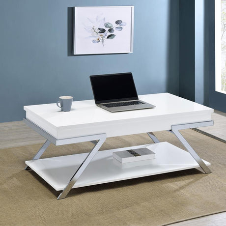 Marcia Rectangular Lift Top Coffee Table – White High Gloss Finish with Hidden Storage, Modern Metal Frame, Contemporary Living Room Furniture