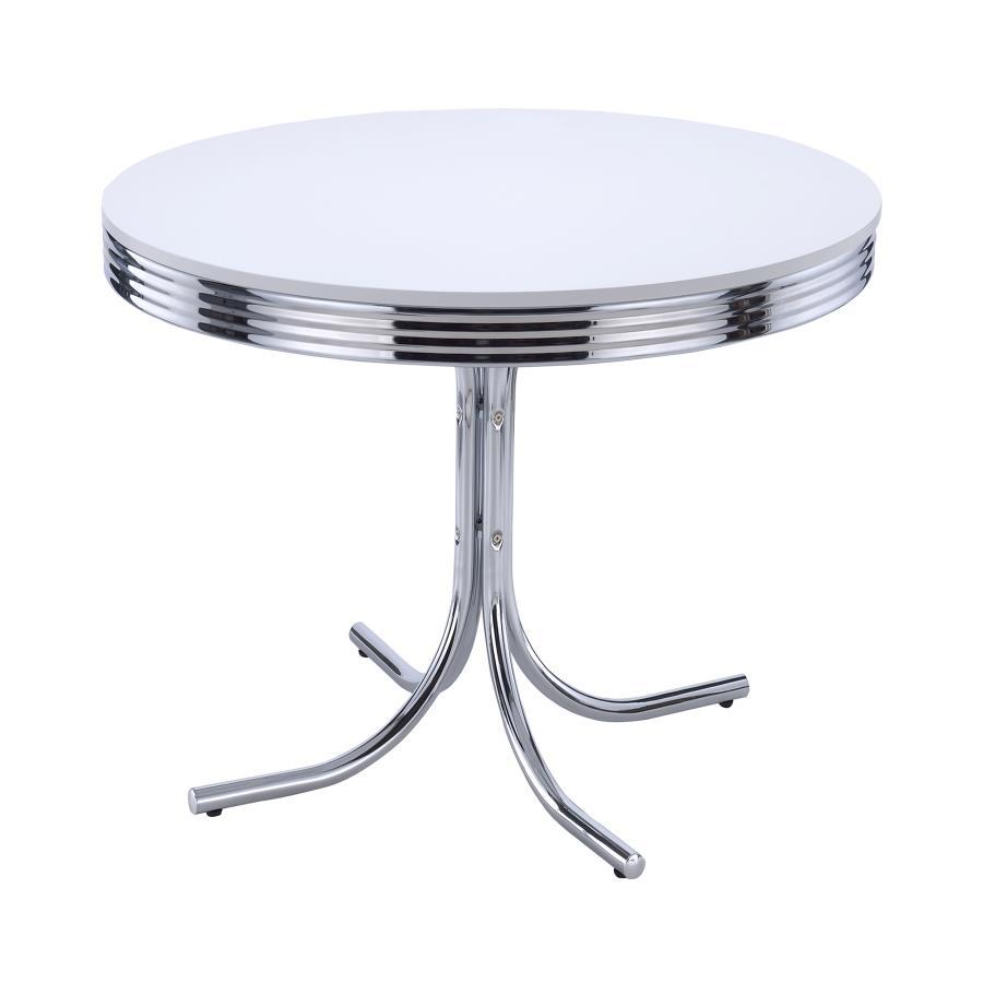 Retro Round Wood Top Dining Table – White and Chrome Finish, Mid-Century Modern Design with Curved Chrome Legs for Breakfast, Game Nights, and Casual Dining