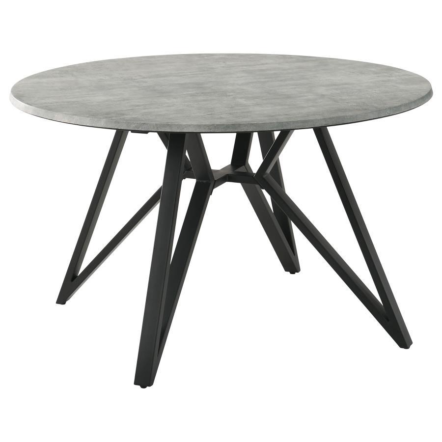 Neil Round Smart Top Dining Table – Industrial Modern Design, Concrete-Look Laminate, Gunmetal Finish, Butterfly Iron Base, Retro-Inspired Dining