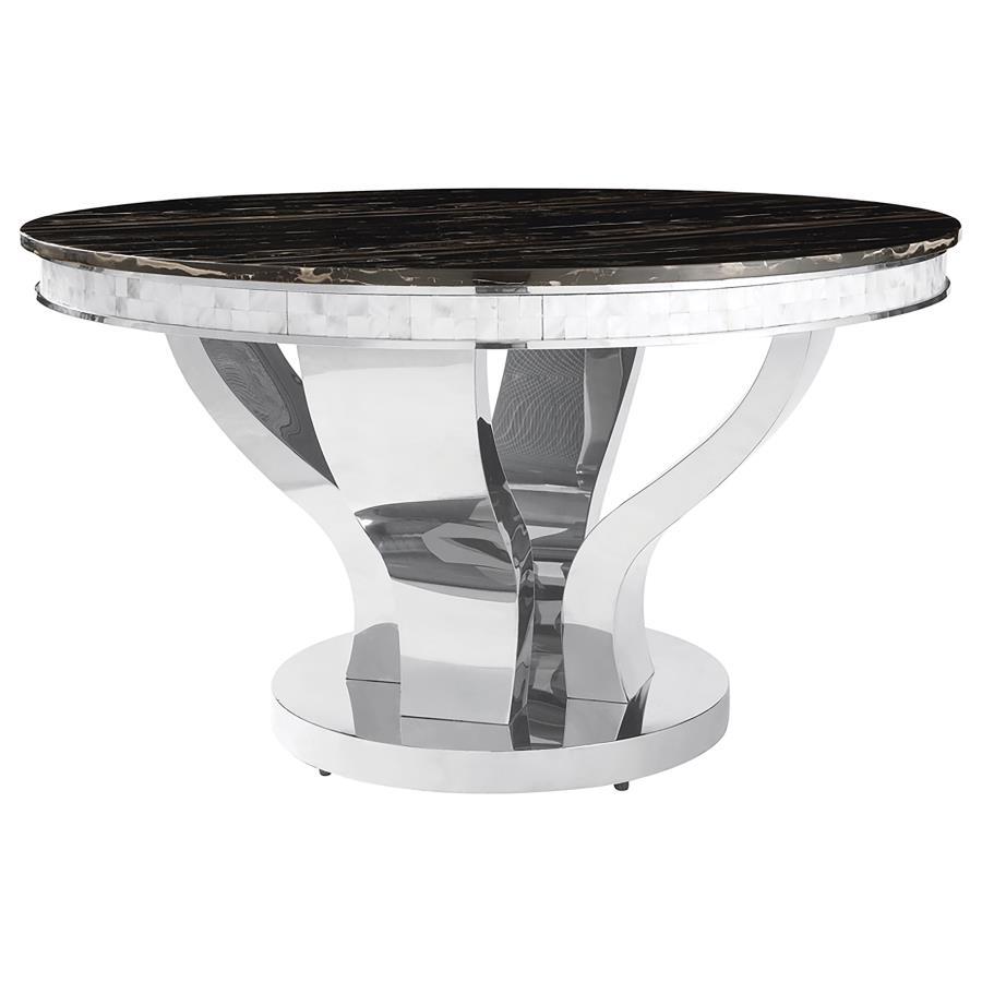 Anchorage 5-Piece Round Glass Top Dining Table Set – Chrome Base with Black Marble Top, Armless Leatherette Chairs, Art Deco Modern Style