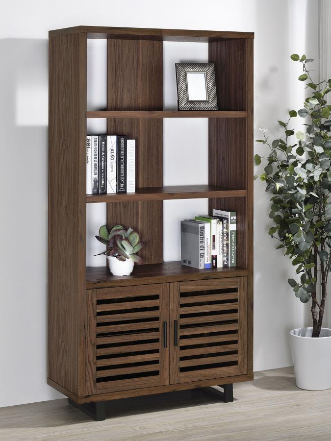 Maddox - 3-Shelf Cabinet Bookcase in Walnut – Modern Storage with Slatted Doors, Open Shelves, and Durable Scratch-Resistant Melamine Finish