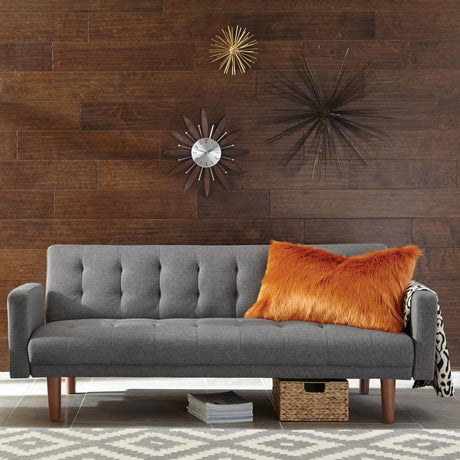 Sommer Upholstered Tufted Convertible Sofa Bed in Gray Woven Fabric with Button Detailing, Hardwood Frame, Solid Legs, High-Density Foam, and Sinuous Springs