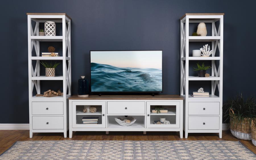Hollis 3 Piece TV Stand Entertainment Center – White and Brown Ash Finish with Storage Drawers, Media Towers, Rustic Farmhouse & Coastal Style