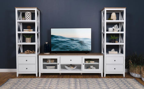 Hollis 3 Piece TV Stand Entertainment Center – White and Brown Ash Finish with Storage Drawers, Media Towers, Rustic Farmhouse & Coastal Style