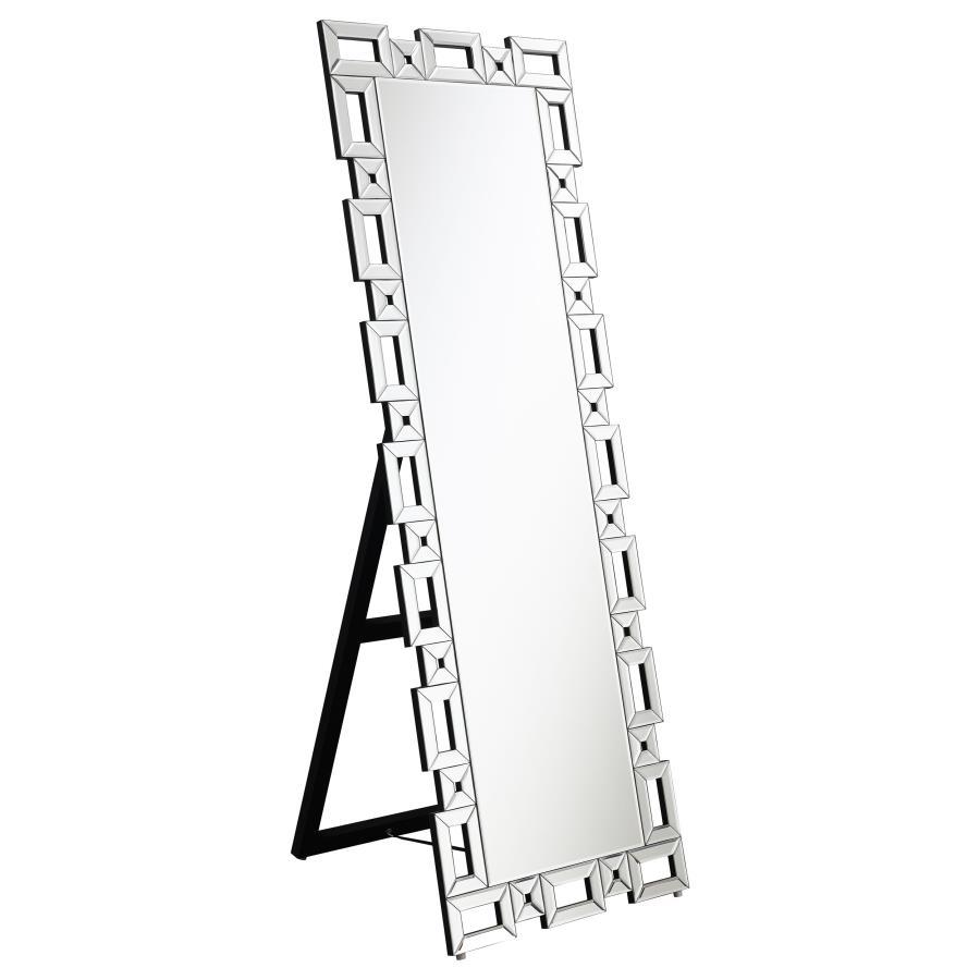 Tavin Geometric Frame Cheval Standing Mirror in Silver – Modern Glam Full-Length Mirror with Greek Key-Inspired Design for Bedroom & Dressing Area