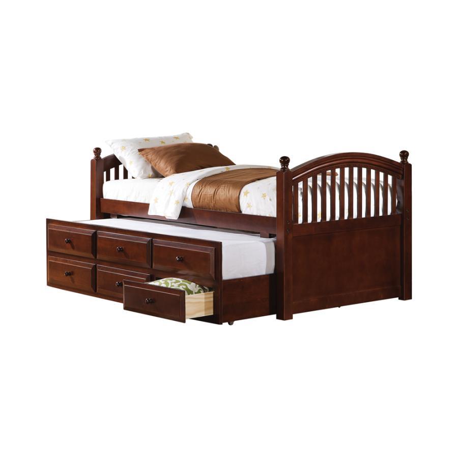 Norwood 3-Drawer Twin Bed With Captain’s Trundle in Chestnut – Multifunctional Daybed with Storage Drawers, Slatted Headboard & Footboard, Space-Saving Design