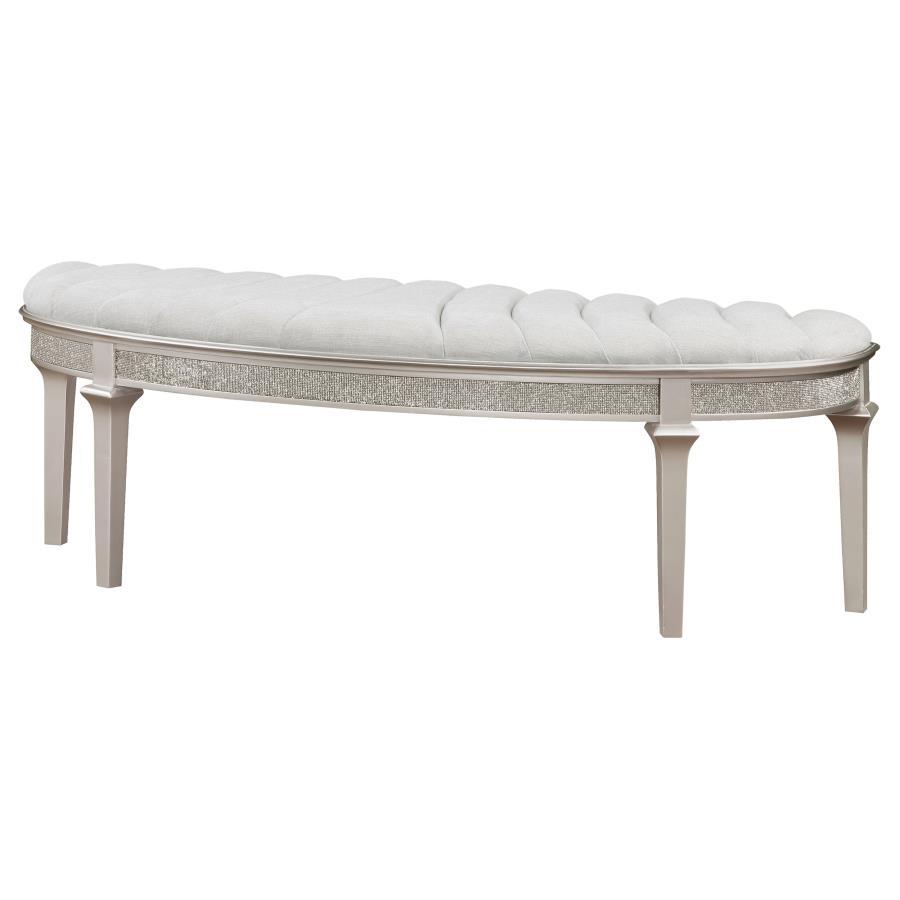 Evangeline Curved Fabric Upholstered Bench – Silver Oak Frame with Ivory Channeled Tufted Seat, Demilune Design for Bedroom or Entryway