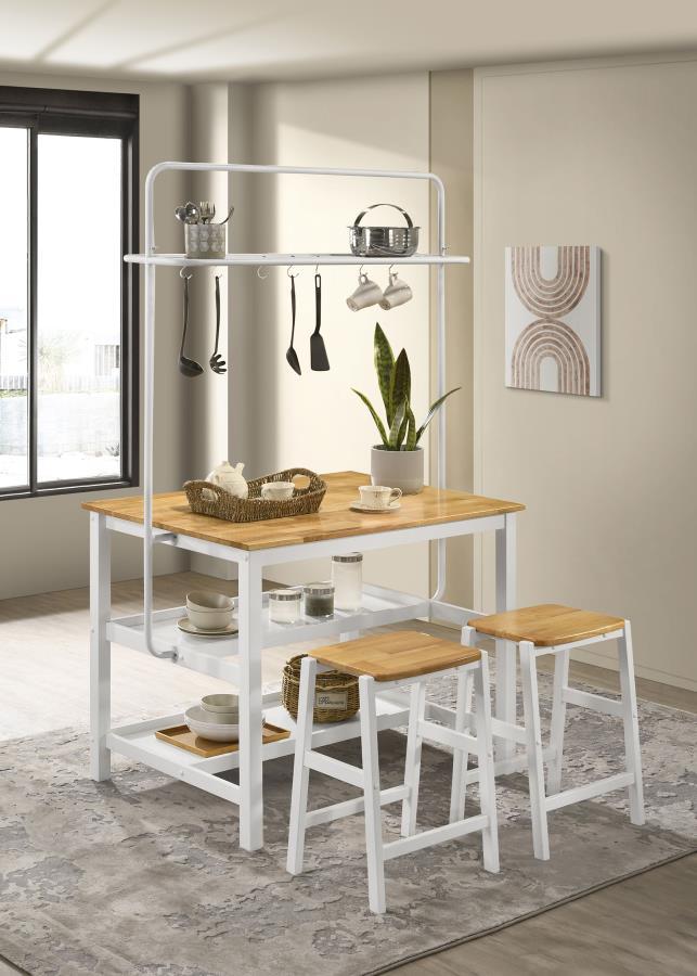 Edgeworth 3-Piece Kitchen Island Counter Height Table Set – White Base, Natural Asian Hardwood Top, Two Stools, Upper Pot Rack, 10 Hooks, Farmhouse Style