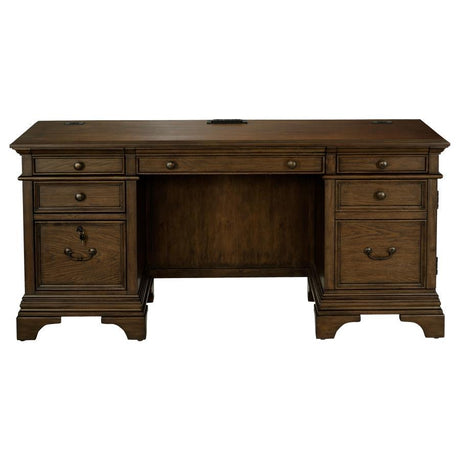 Hartshill 5-Drawer Credenza Office Desk – Burnished Oak Finish, Felt-Lined Top Drawers, Lockable Cabinets, Stylish Storage for Home or Professional Workspace
