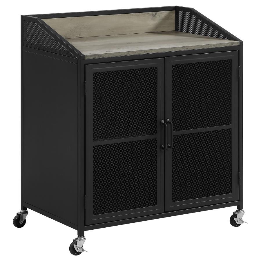 Arlette 2 Door Mobile Home Bar Wine Cabinet – Sandy Black Steel Frame with Rolling Casters, Wire Panel Doors, Stemware Storage, and Industrial Charm
