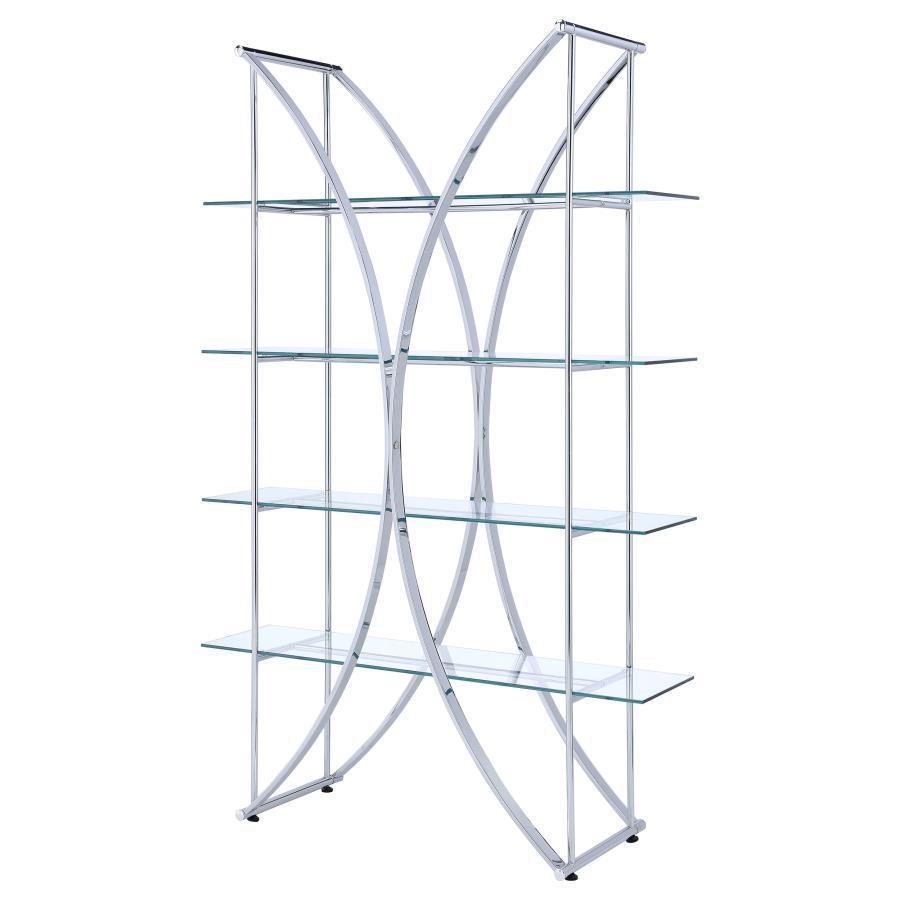 Larson 4-Shelf Glass Bookshelf – Modern Chrome Display Shelf with Tempered Glass, Contemporary Metal Frame, Open Storage for Living Room