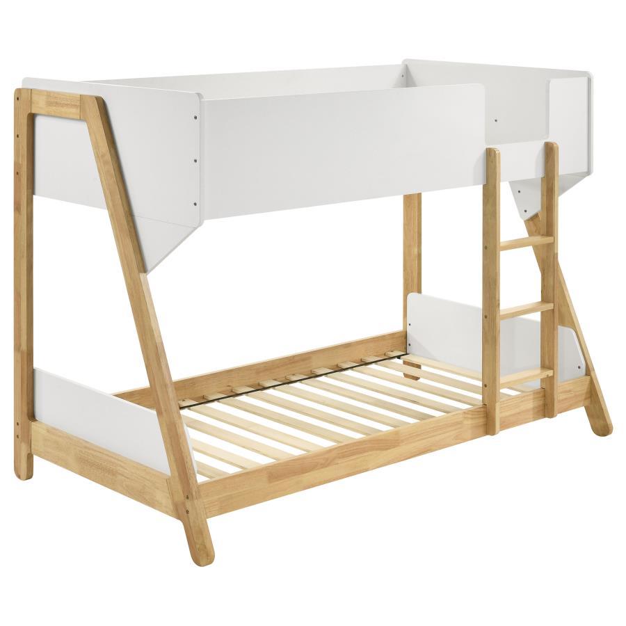Wyatt Wood Twin Over Twin Bunk Bed – White and Natural Finish with Guard Rails, Attached Ladder, and Modern Space-Saving Design for Kids