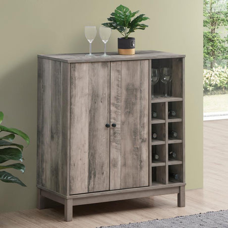Cheyenne 2-Door Home Bar Wine Cabinet – Weathered Acacia Finish with Stemware Racks, Bottle Storage, Shelves, and Modern Farmhouse Style
