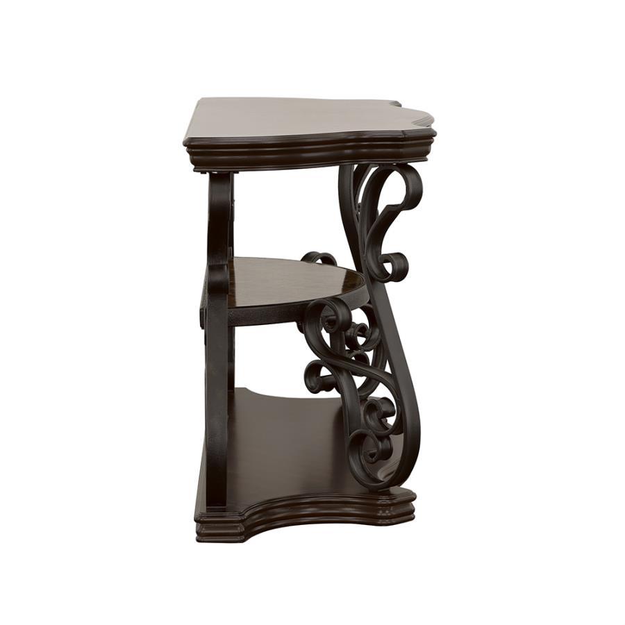 Laney Scrollwork Entryway Sofa Console Table with Tempered Glass Top, Cherry Veneer, Metal Scroll Base, and Deep Merlot Wood Finish