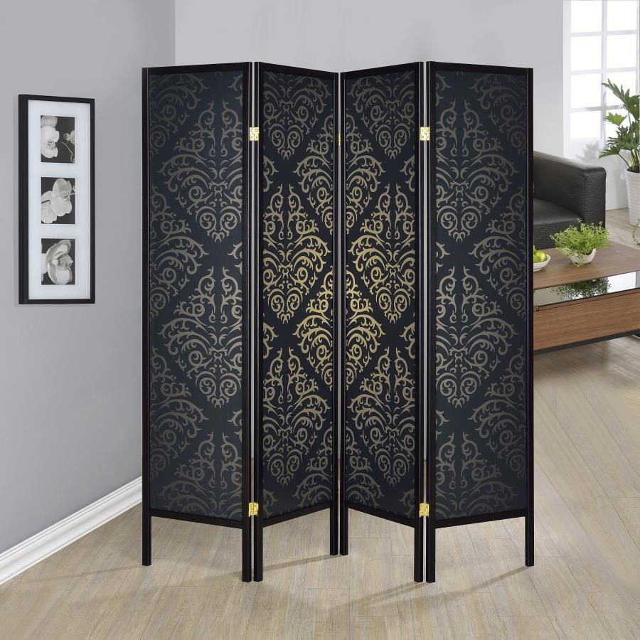 Haidera 4-Panel Folding Room Divider Screen Black Damask – Decorative Privacy Screen for Living Room, Bedroom, Office, or Studio