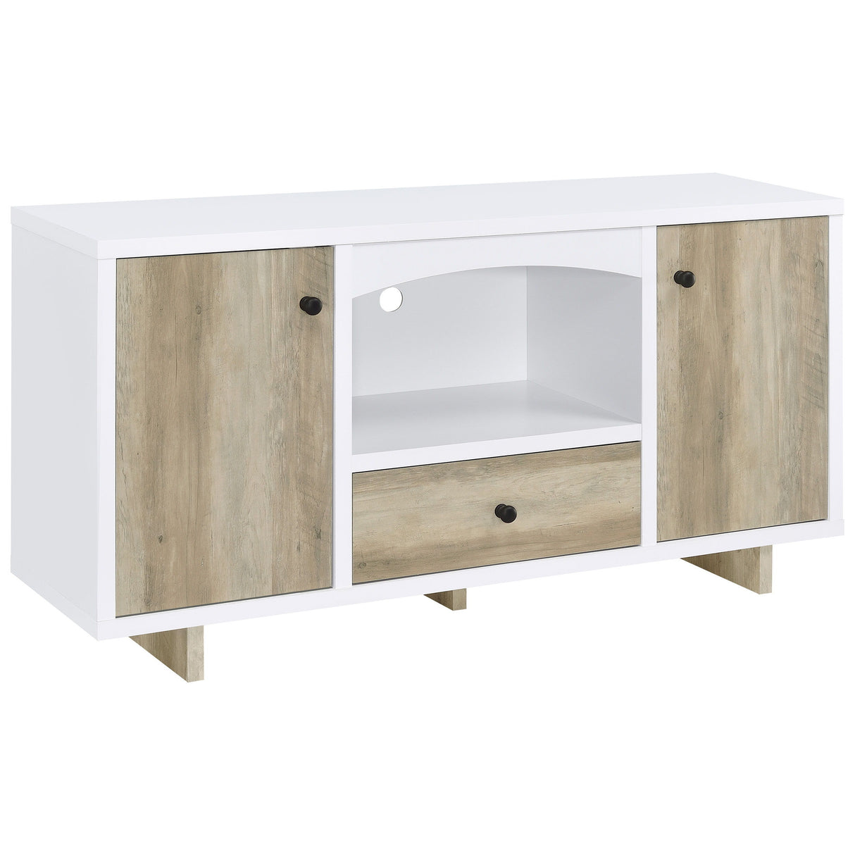 Dalton 2-Door Storage Credenza – White and Distressed Pine Modern Farmhouse Cabinet with Open Shelf, Cord Management, and Durable Melamine Finish