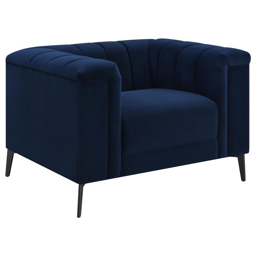 Chalet Upholstered Tuxedo Arm Tufted Chair – Navy Blue Velvet with Deep Vertical Channels & Black Metal Legs