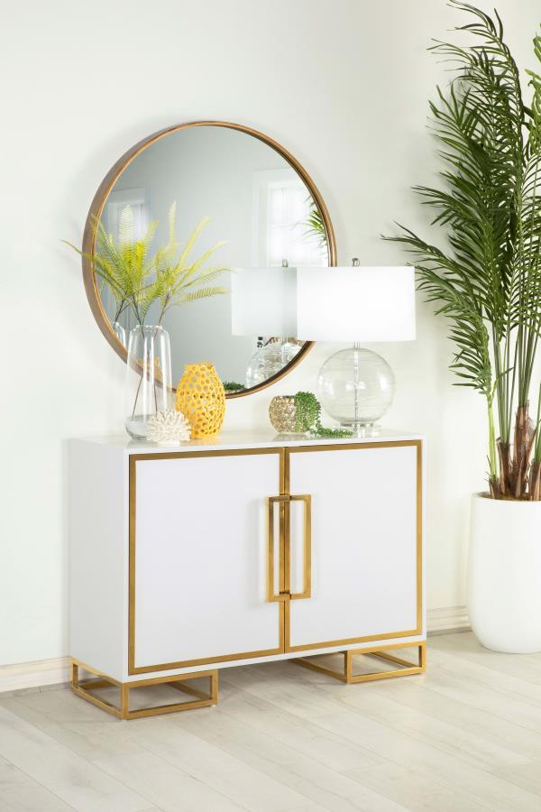 Elsa - 2 Door Wood Storage Accent Cabinet - White and Gold with Glossy Finish, Stainless Steel Trim, Art Deco Geometric Base & Adjustable Shelves