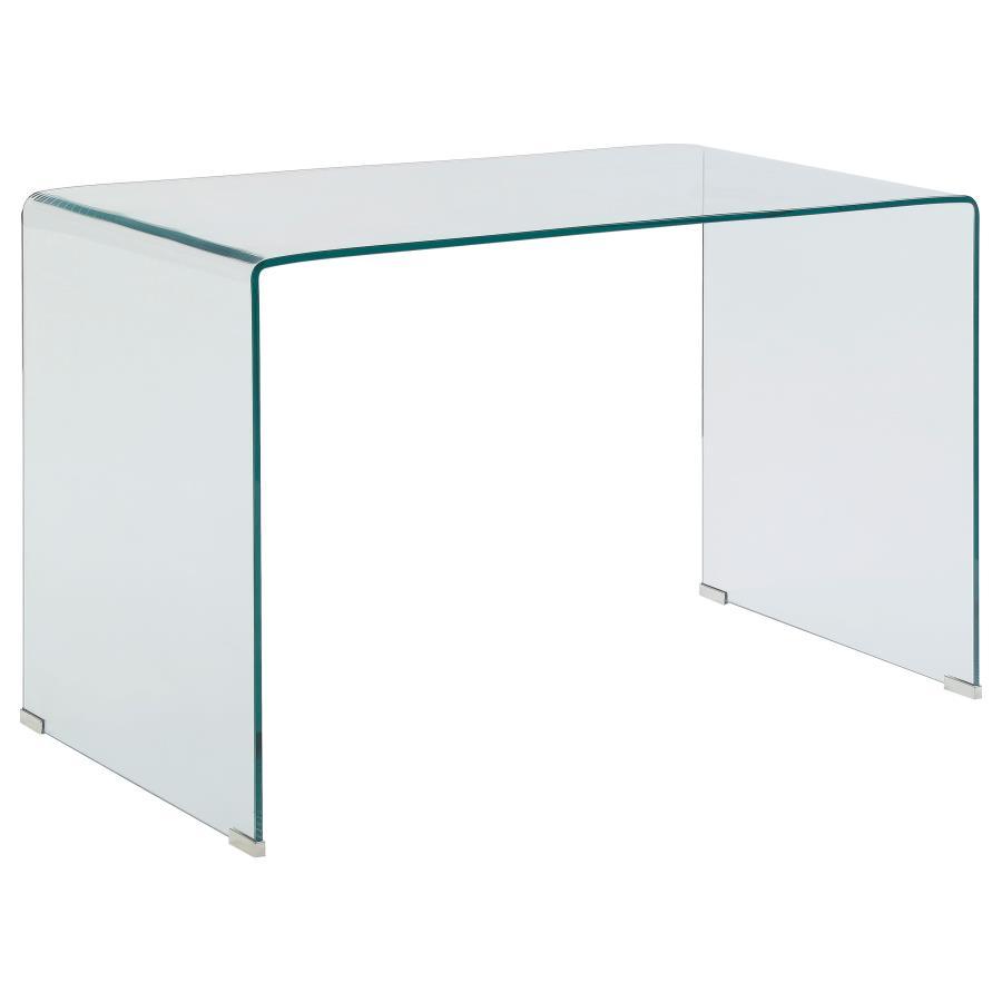 Ripley - Tempered Bent Glass Writing Desk in Clear – Modern Minimalist Home Office Desk with Spacious Tabletop and Chrome Floor Protectors