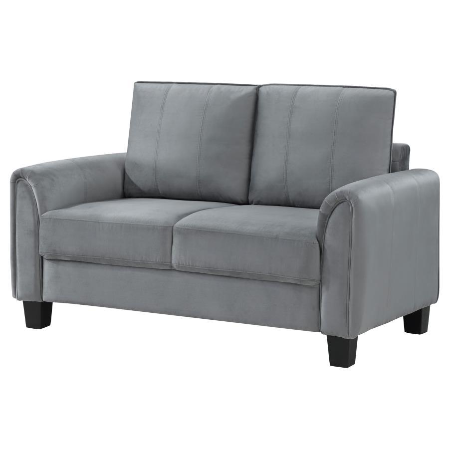 Davis Upholstered Rolled Arm Loveseat, Gray Fabric, Plush Cushions, Reversible Back, Sinuous Spring Seating, Tapered Block Legs, Compact Design