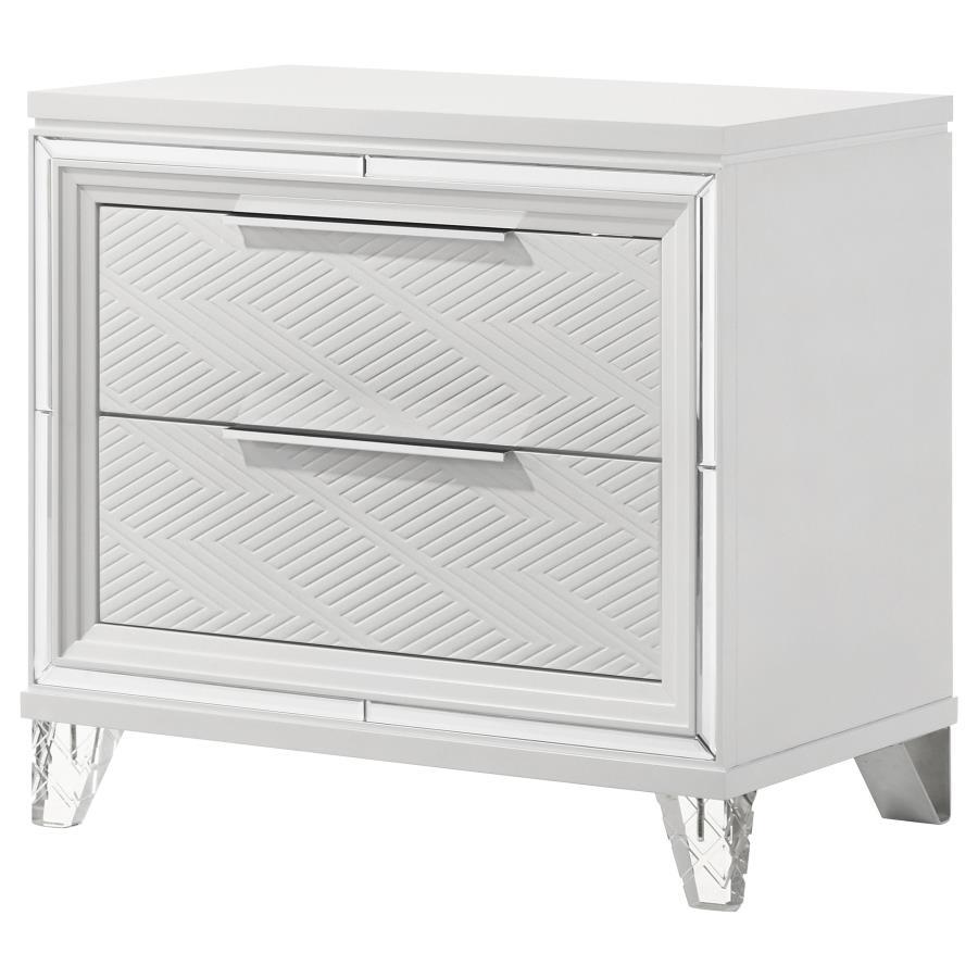 Marmore 2-Drawer Nightstand Bedside Table in White – Modern Italian Design with Mirrored Accents, Polished Chrome Hardware & Cord Management