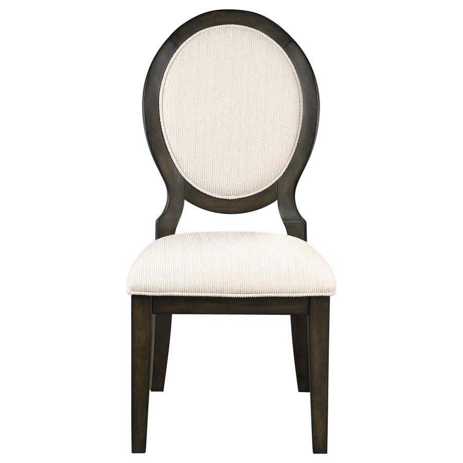 Twyla Oval Back Dining Side Chair Set of 2 in Dark Cocoa – Padded Cream Linen Upholstery with Neoclassical Oval Back and Elegant Wood Frame