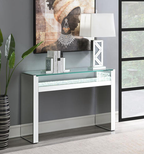 Edna Mirrored Acrylic Console Table with LED Lighting – Silver Modern Entryway or Living Room Accent Table with Floating Glass Top & Glamour