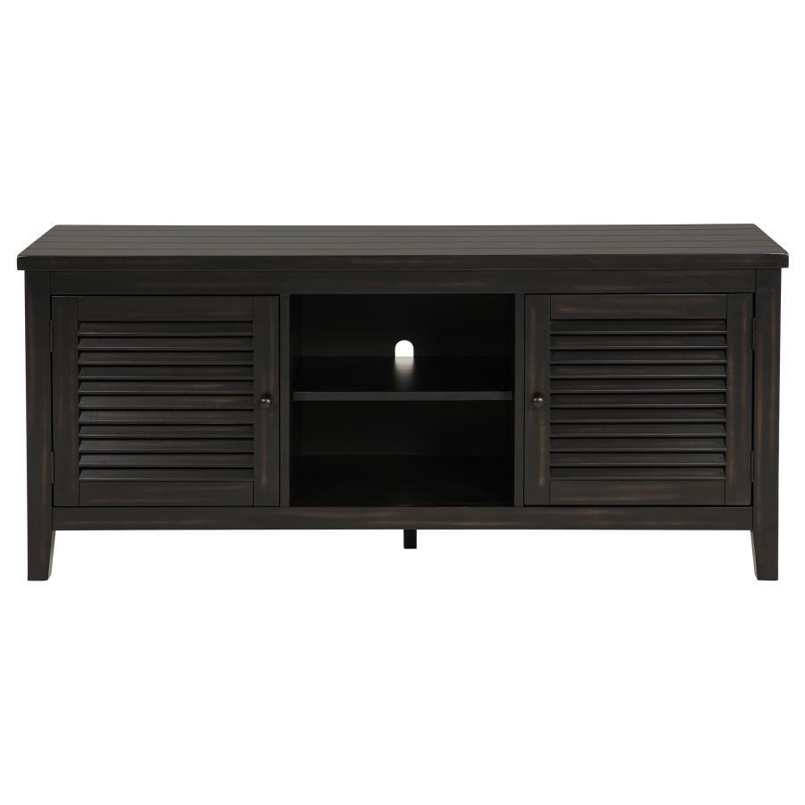 Concord 60-Inch 2-Door TV Stand Console in Distressed Java with Louvered Doors, Planked Top, Open Shelving & Cord Management for TVs up to 65-Inches