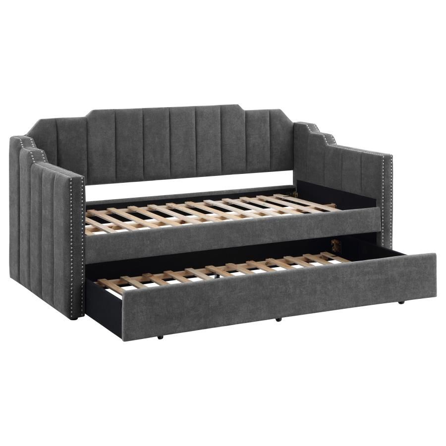 Kingston Upholstered Twin Daybed With Trundle – Charcoal Velvet Fabric, Art Deco Channel Tufted Design, Chrome Nailhead Trim, Stylish Guest Bed