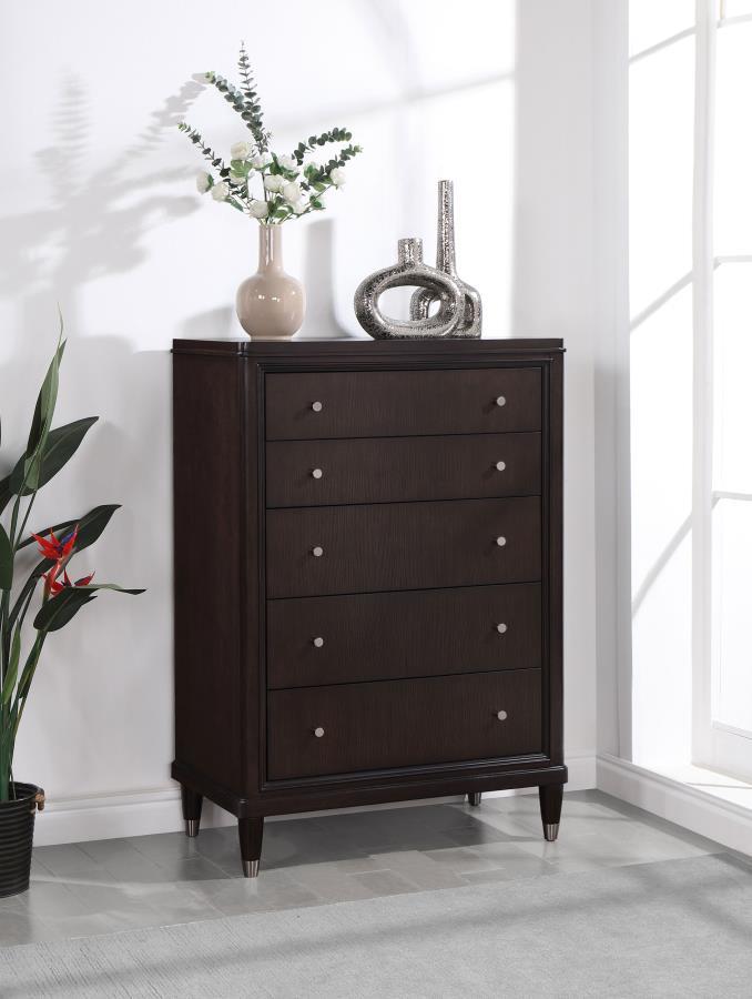 Emberlyn 5-Drawer Bedroom Chest – Brown Finish with Felt-Lined Top Drawer, Cedar-Lined Bottom Drawer & Gleaming Hardware for Stylish Storage