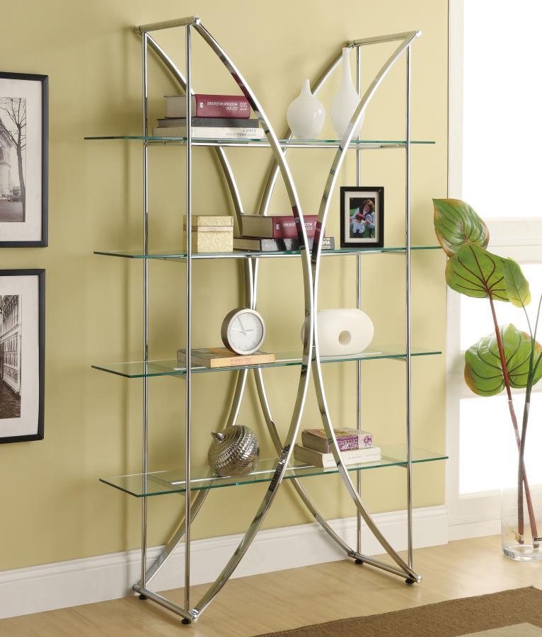 Larson 4-Shelf Glass Bookshelf – Modern Chrome Display Shelf with Tempered Glass, Contemporary Metal Frame, Open Storage for Living Room