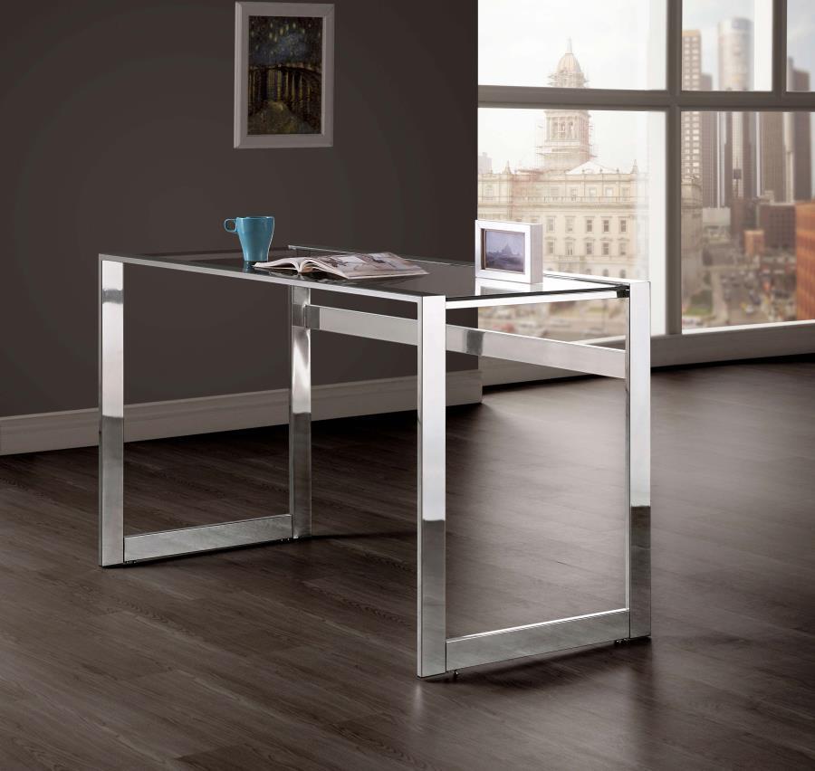 Hartford Glass Top Writing Desk – Modern Chrome Frame, Clear Tempered Glass Work Surface, Sleek Minimalist Design for Home Office, Study, or Commercial Use