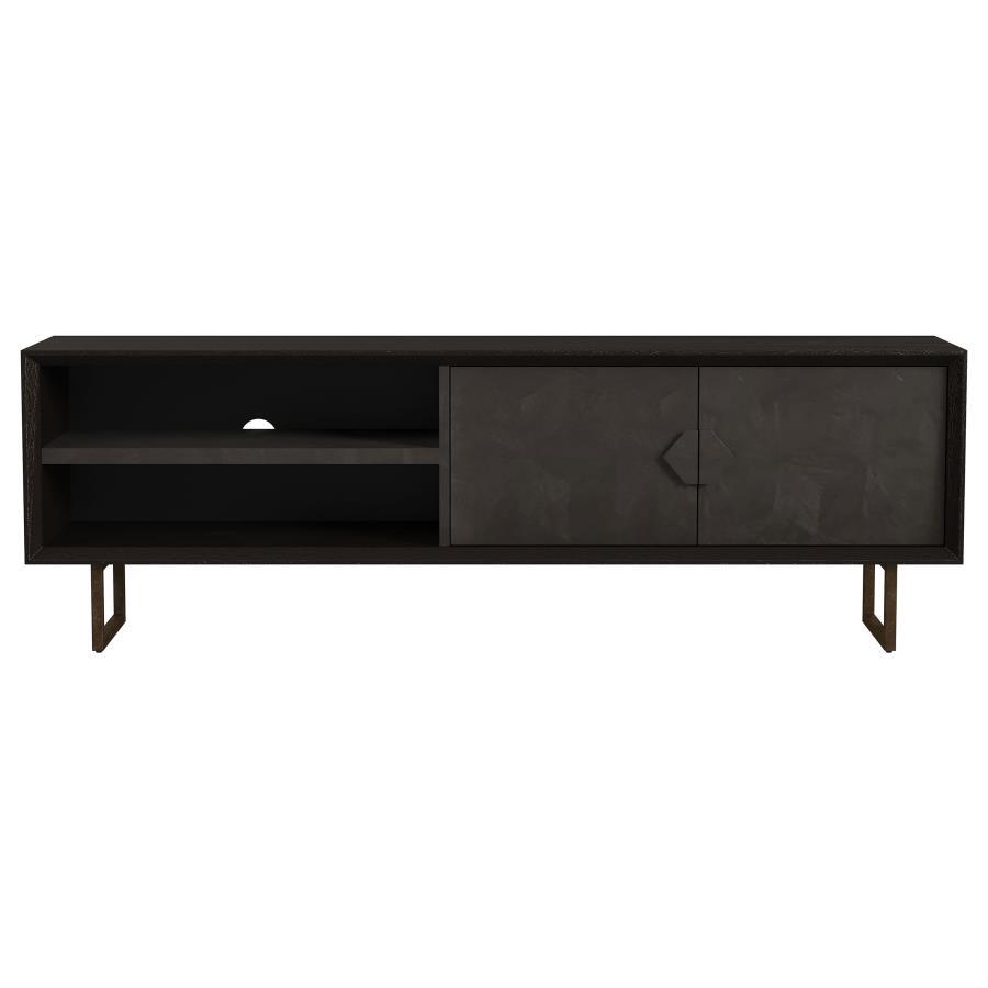 Marsden 2 Door Mango Wood TV Stand in Charcoal Black with Iron Hardware, Rustic Fixed Shelves, and Wire Management Hole for Modern Living Rooms