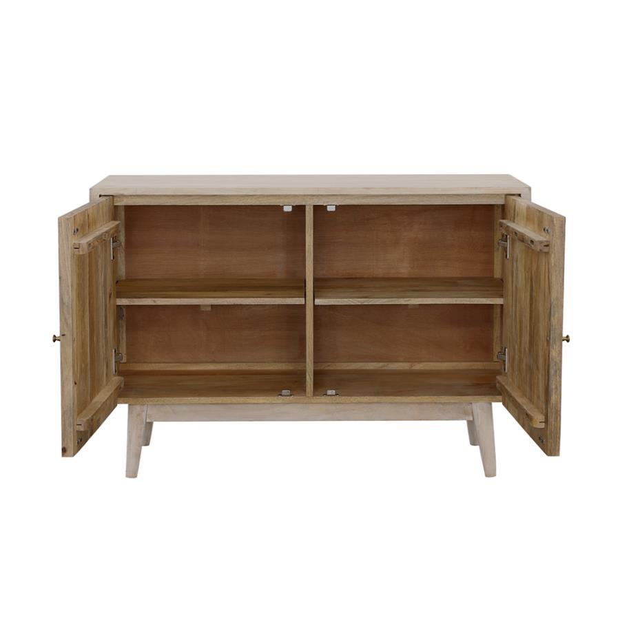 Ixora 2-Door Wood Accent Cabinet – White Washed Mango Wood with Black & Gold Geometric Inlay, Mid-Century Modern Storage for Living Room or Entryway