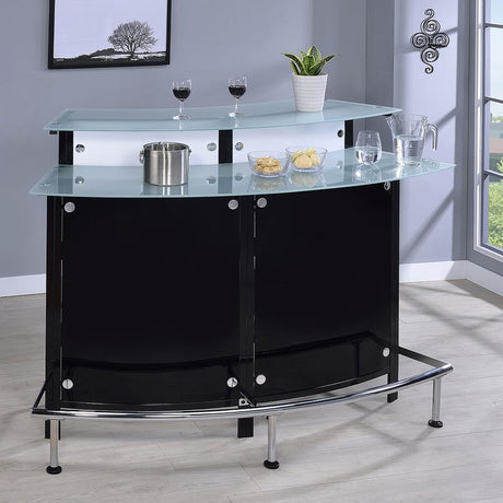 Keystone Curved Glass Top Home Bar Wine Cabinet in Black – Modern Chrome Accents, Dual-Tier Glass Shelves & Metal Footrest for Entertaining