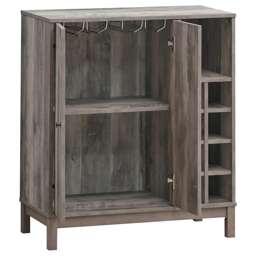 Cheyenne 2-Door Home Bar Wine Cabinet – Weathered Acacia Finish with Stemware Racks, Bottle Storage, Shelves, and Modern Farmhouse Style
