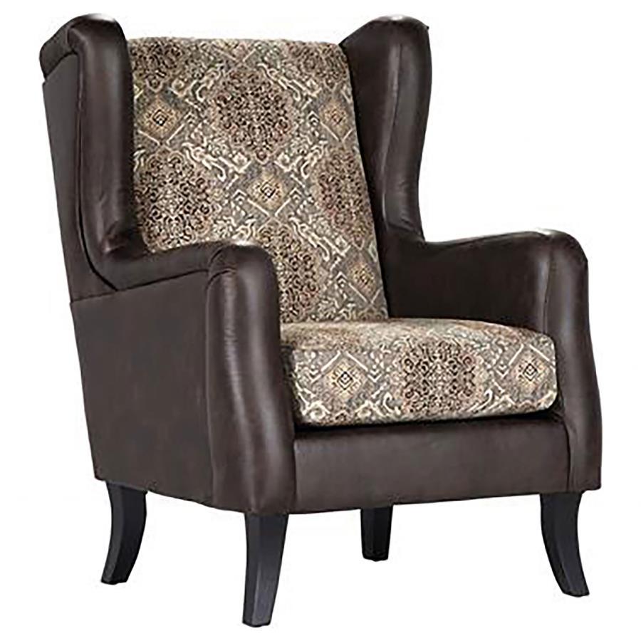 Elmbrook Upholstered Wingback Accent Club Chair – Plush Foam Cushions, Brown Faux Leather and Jacquard Fabric, Flared Wood Legs, Traditional Lounge Seating