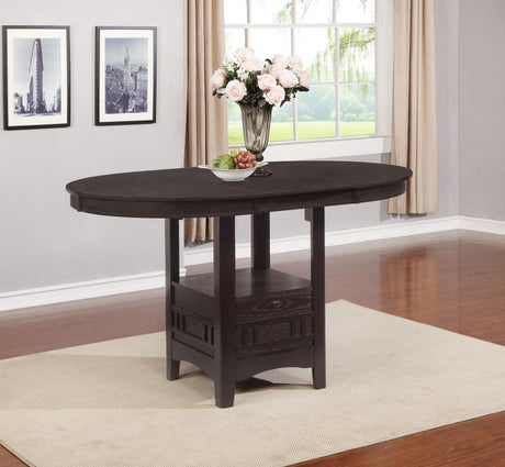Lavon Oval Extension Counter Dining Table – Espresso Wood Table with 18" Leaf, Storage Base & Shelf for Glassware, Perfect for Modern Entertaining
