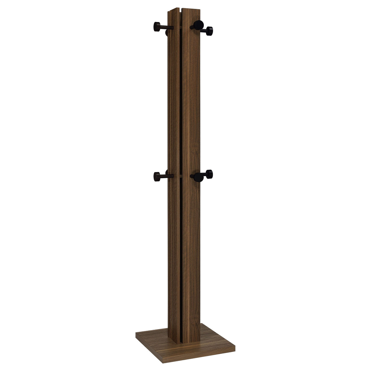 Rikkie Coat Rack and Mirror – Walnut Finish Mid-Century Modern Entryway Organizer with Black Metal Hooks, Wooden Caps, and Functional Wall Mirror