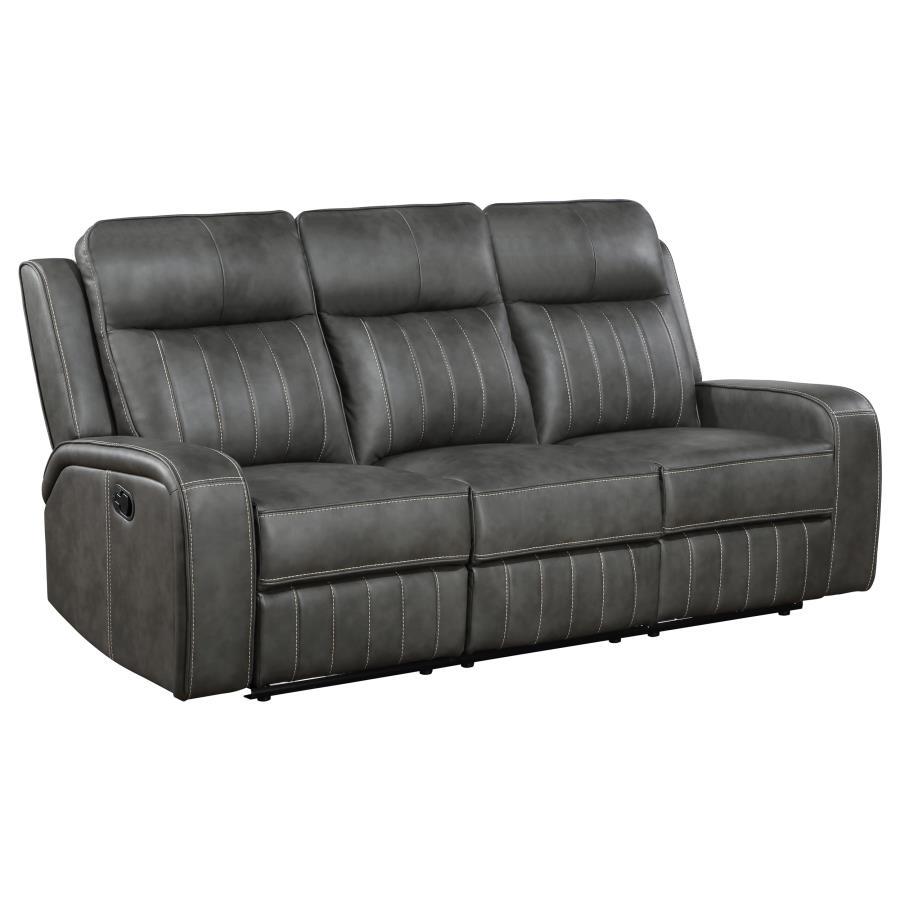 Raelynn Upholstered Track Arm Motion Sofa - Gray Leatherette, Reclining Wall-Hugger Design, Pocket Coil Seating, Foam Cushions, Transitional Living Room
