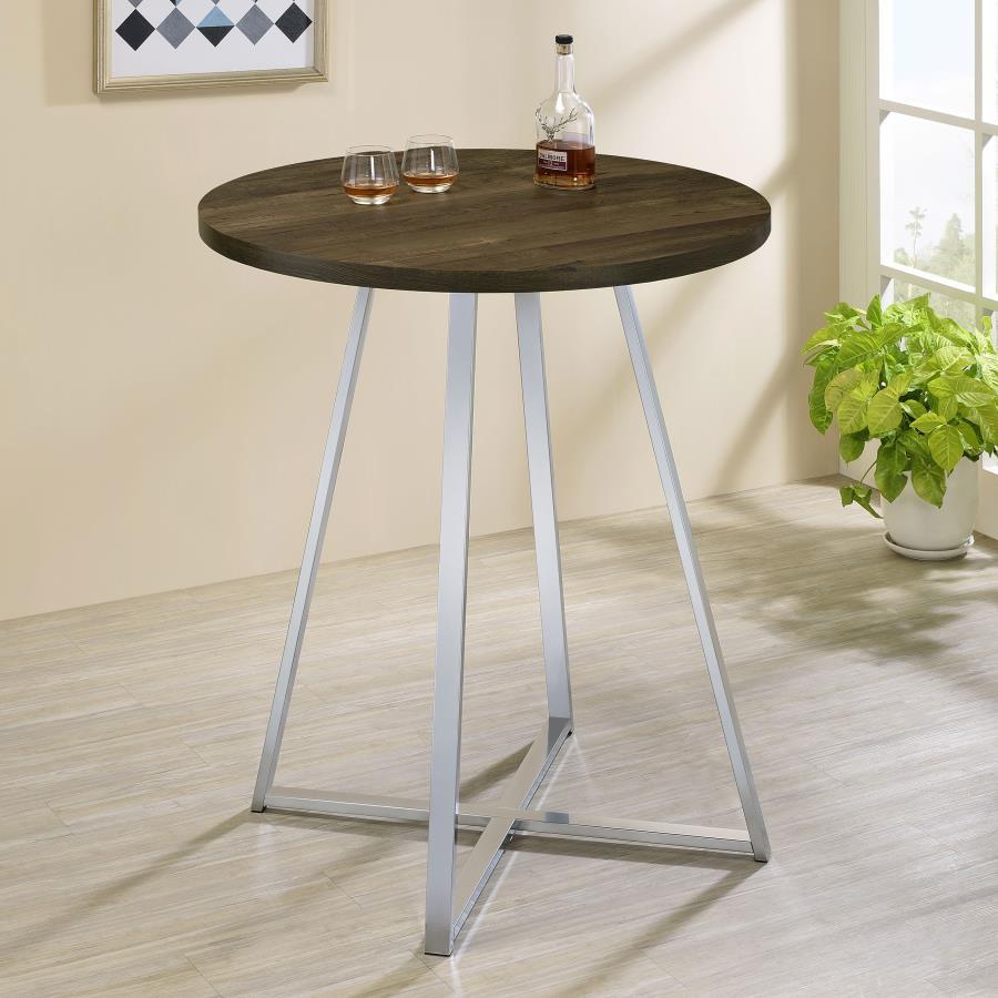 Burkhart Round Pub Height Bistro Bar Table – Brown Oak Top with Chrome X-Base, Modern Rustic Design, Compact Round Table for Home Bars & Entertainment